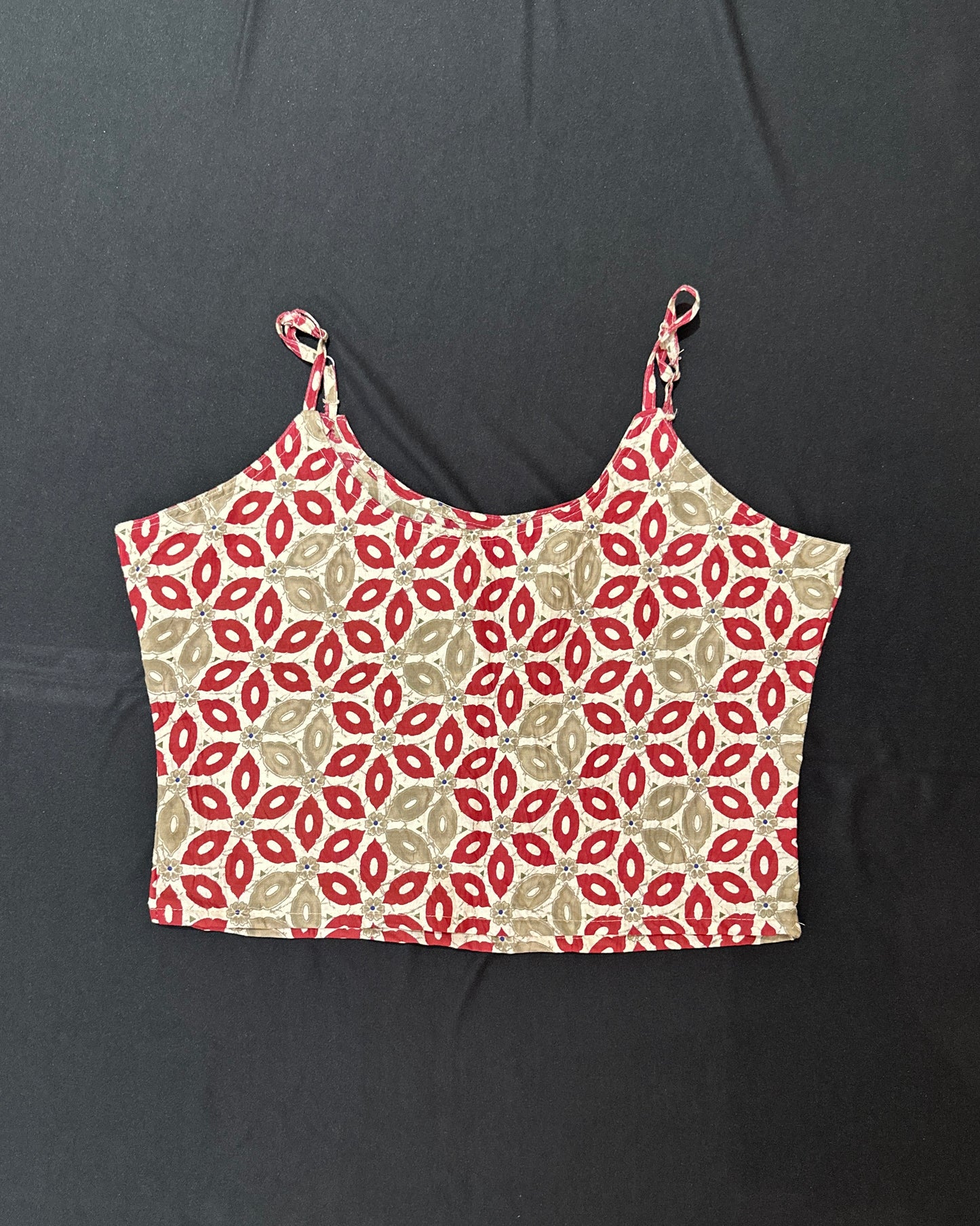 Beige and red handblock print cotton crop top