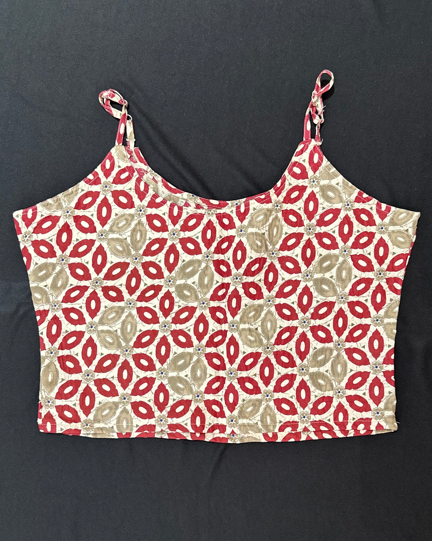 Beige and red handblock print cotton crop top