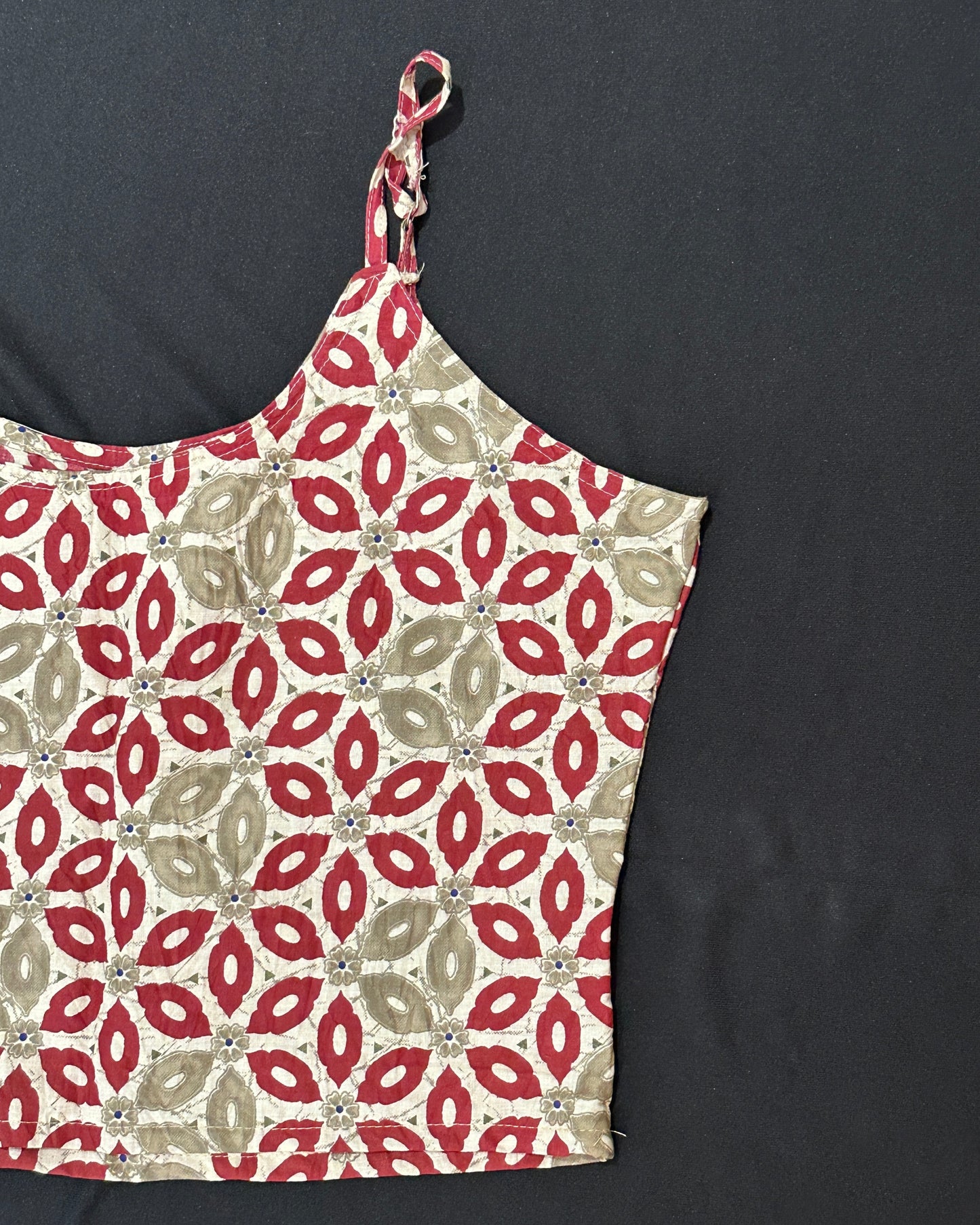 Beige and red handblock print cotton crop top
