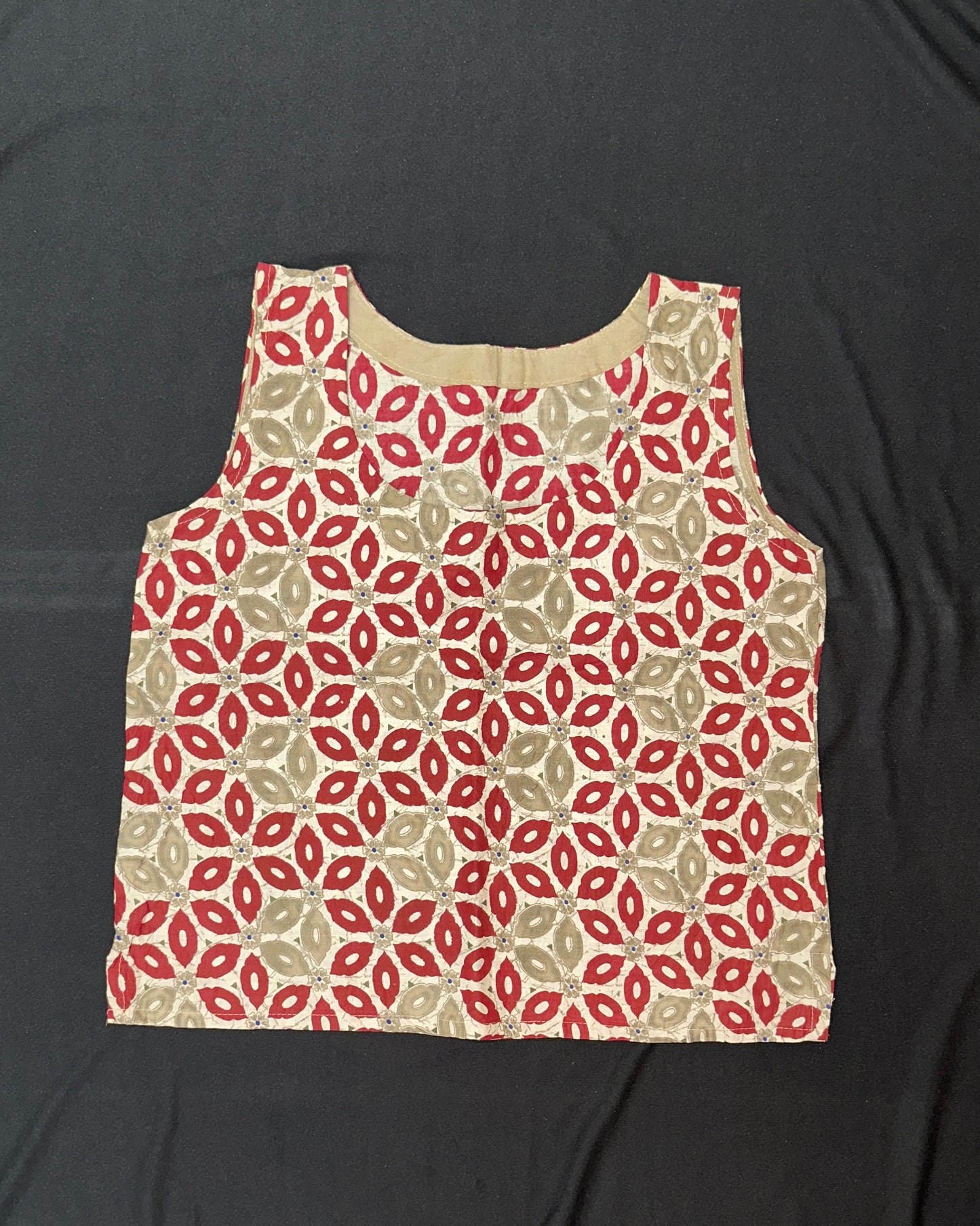 Beige and red handblock print cotton top