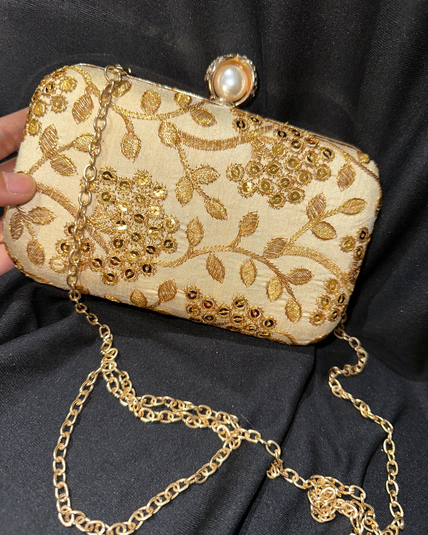 Handcrafted gold and beige embroidery clutch