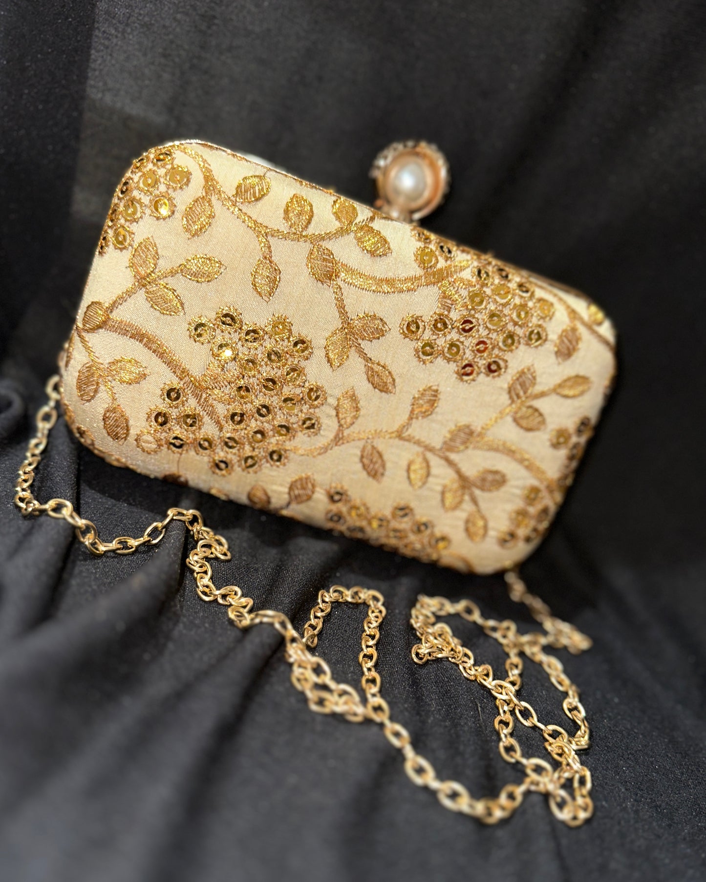 Handcrafted gold and beige embroidery clutch
