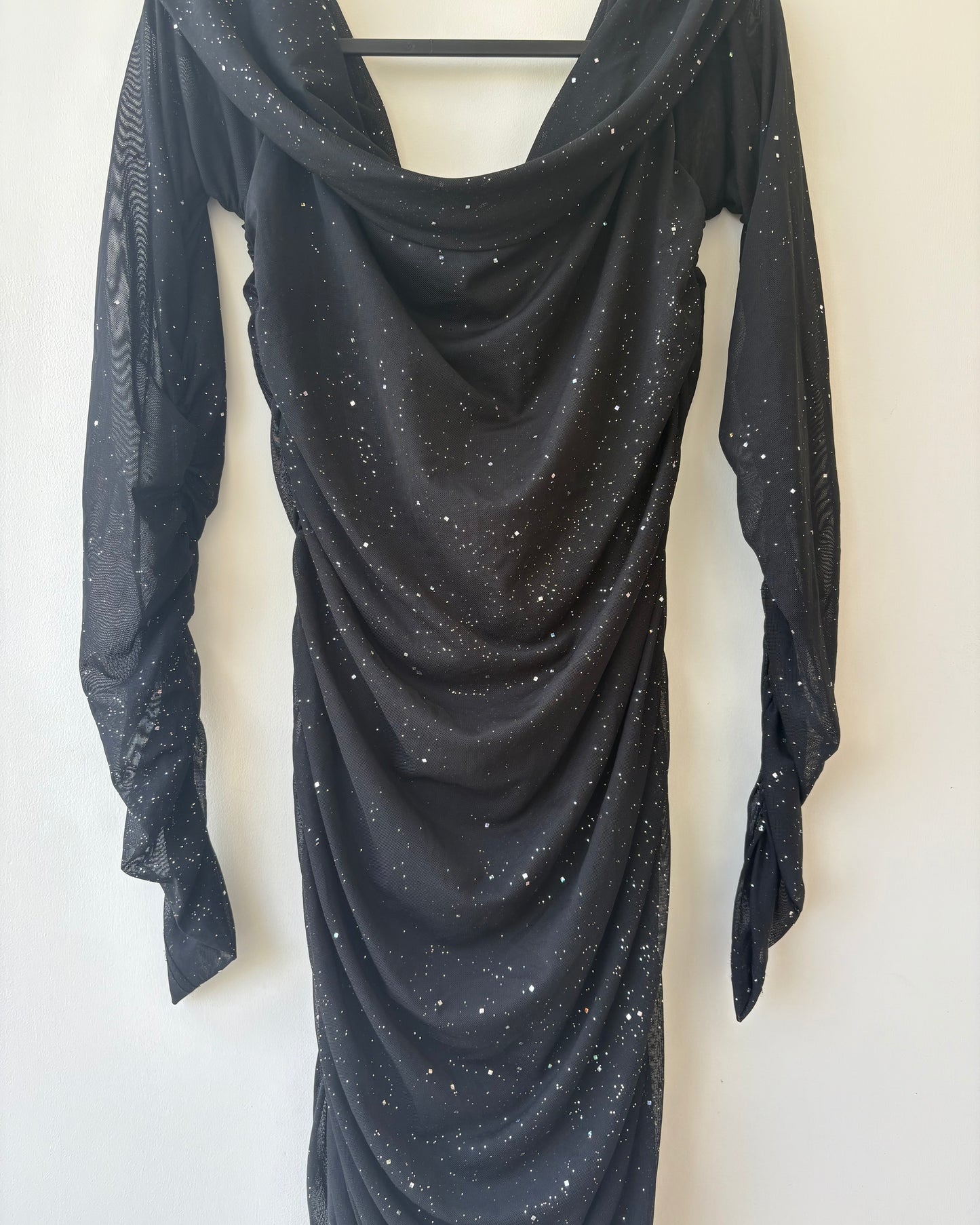 Black offsholder ruched dress with shimmer