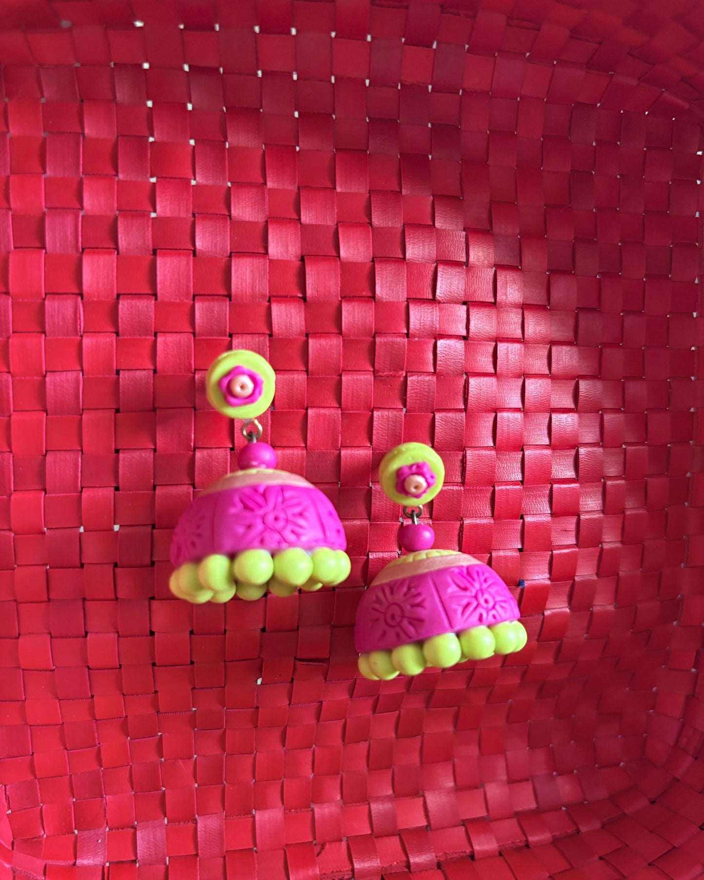 Pink and green terracotta jhumkas