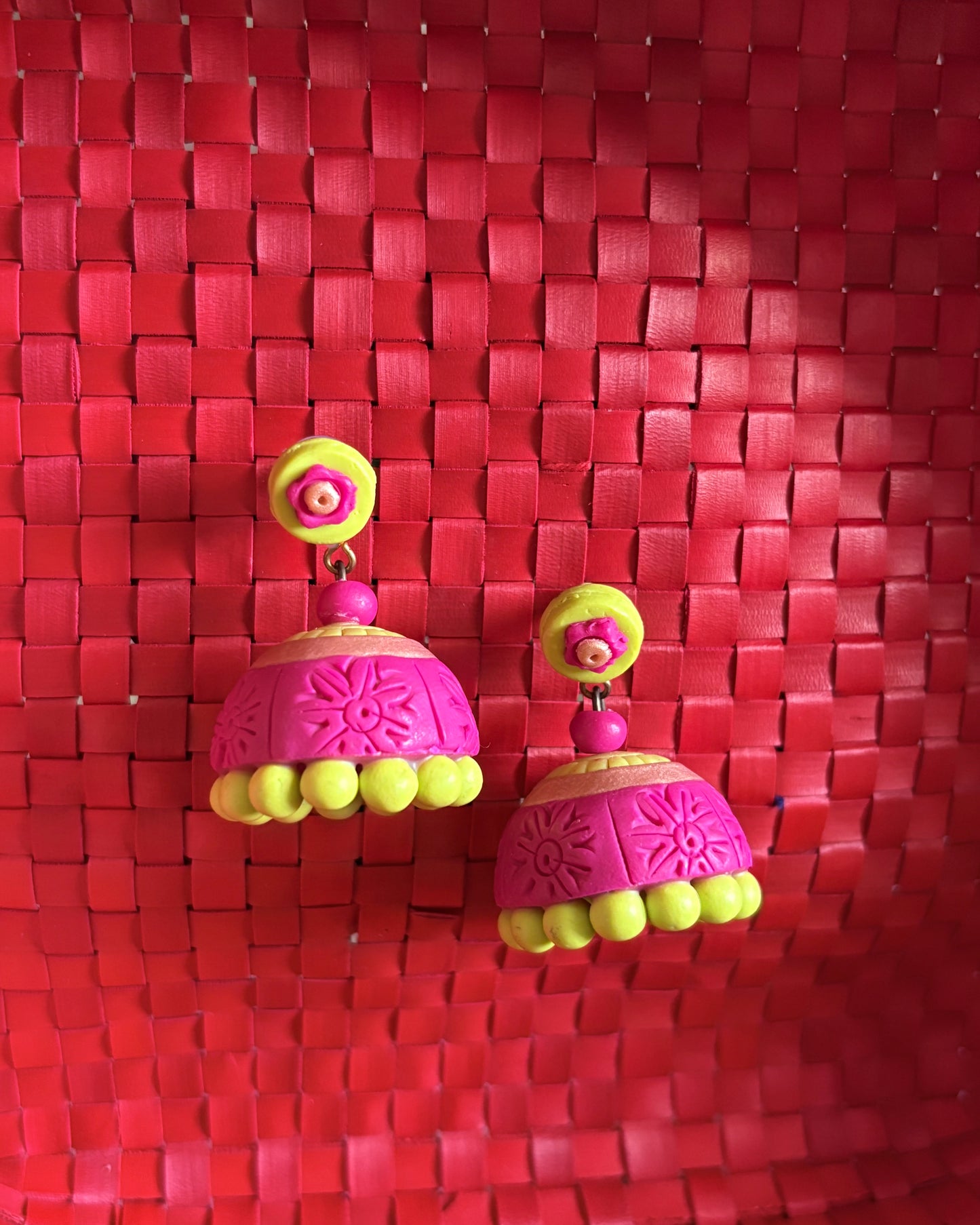 Pink and green terracotta jhumkas