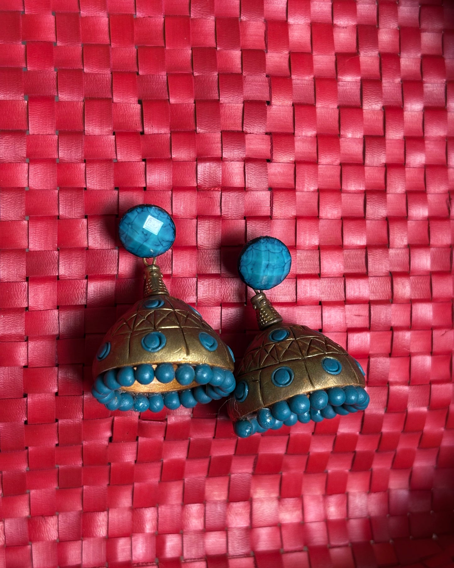 Blue and gold terracotta jhumkas