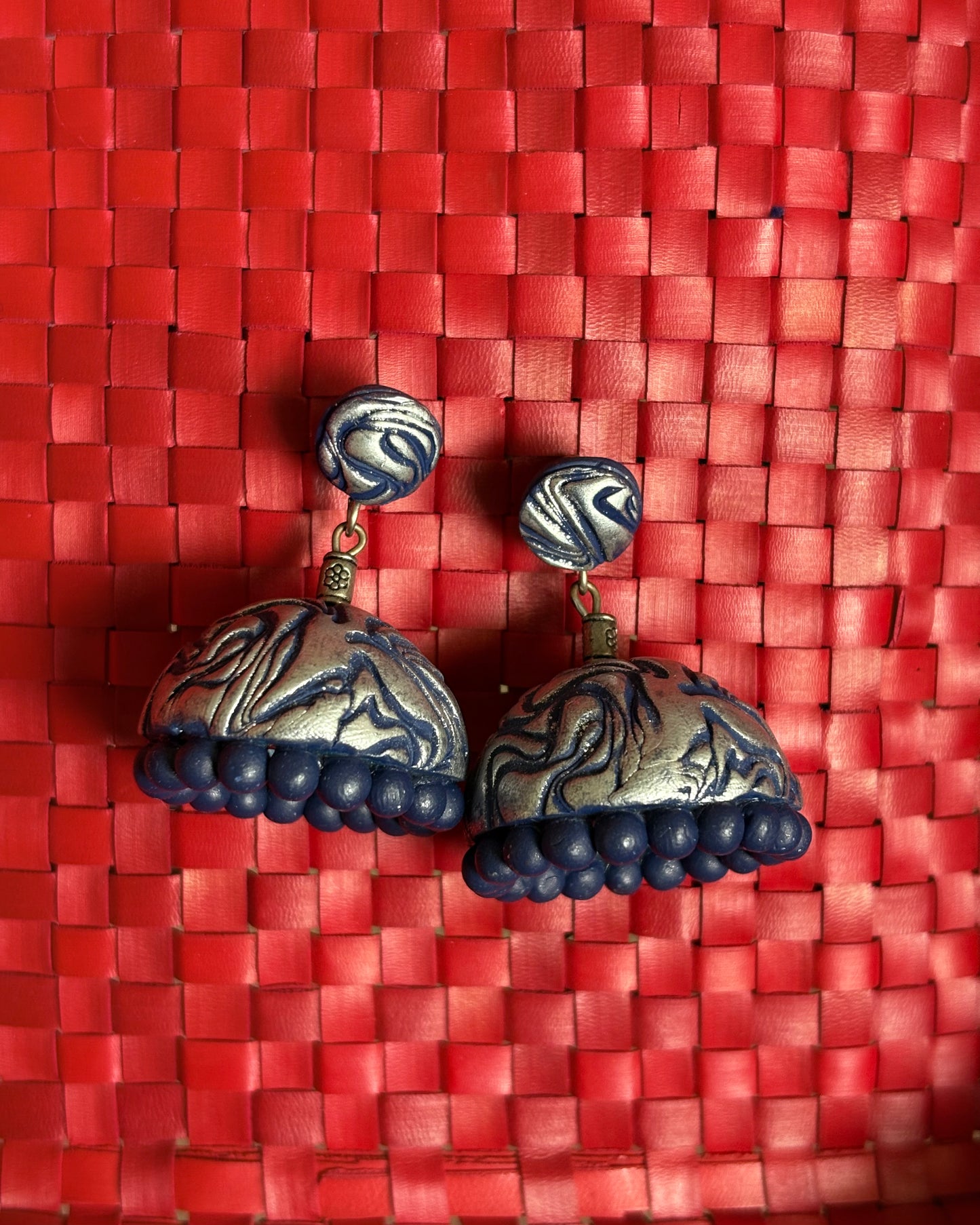 Silver and blue terracotta jhumkas