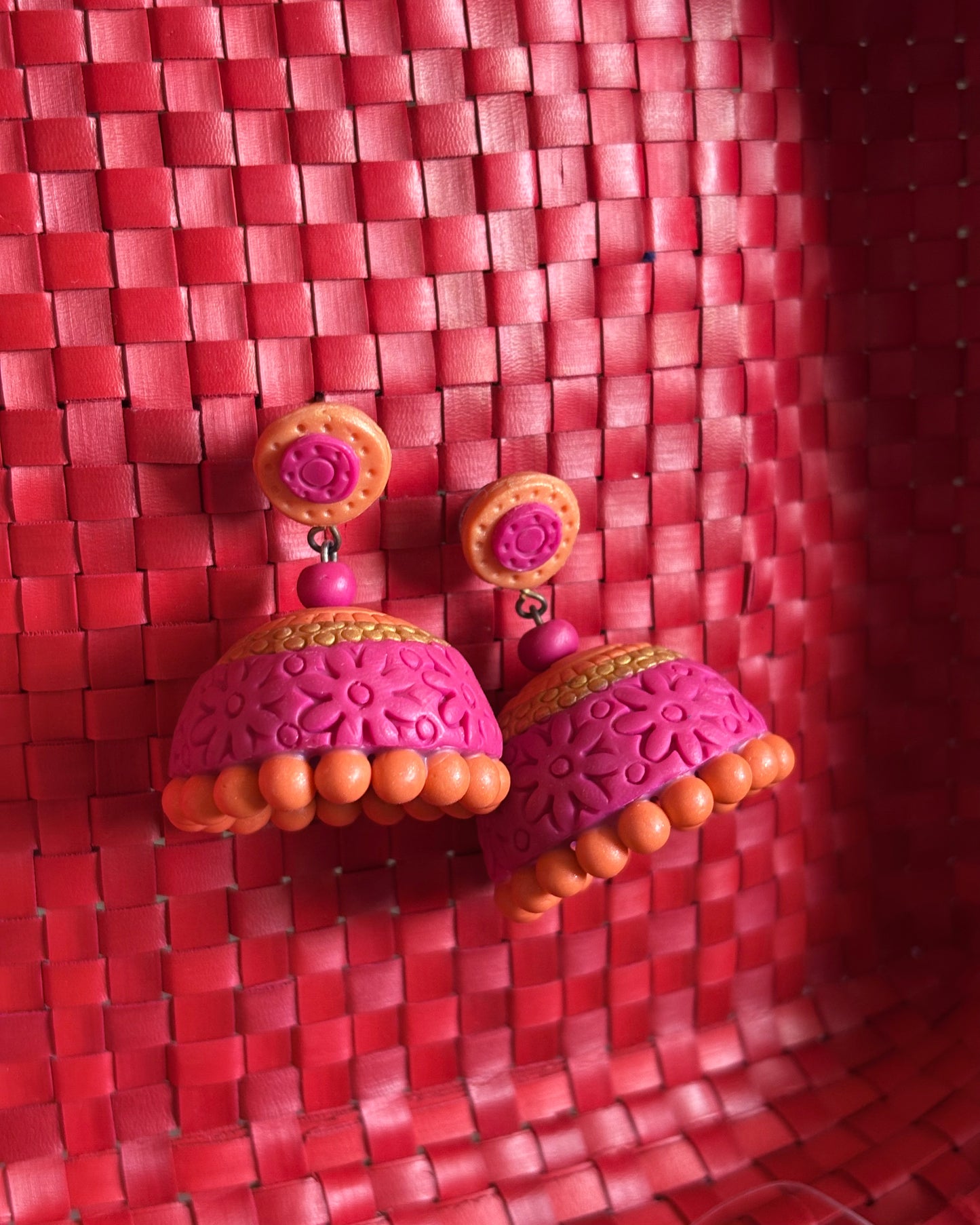 Pink and gold terracotta jhumkas