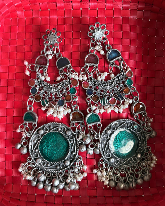 Red and green oxidised chandbali dangler earrings