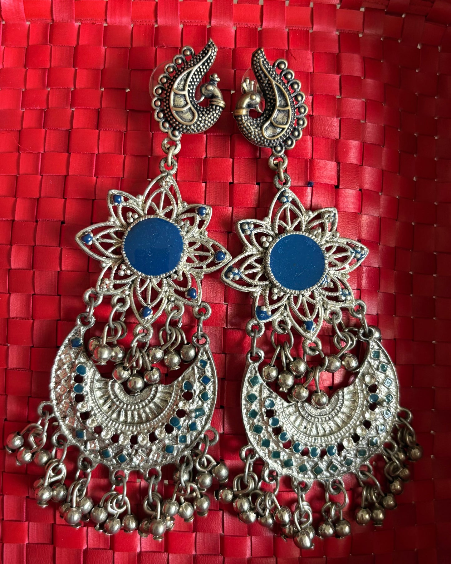 Blue and silver oxidised chandbali earrings