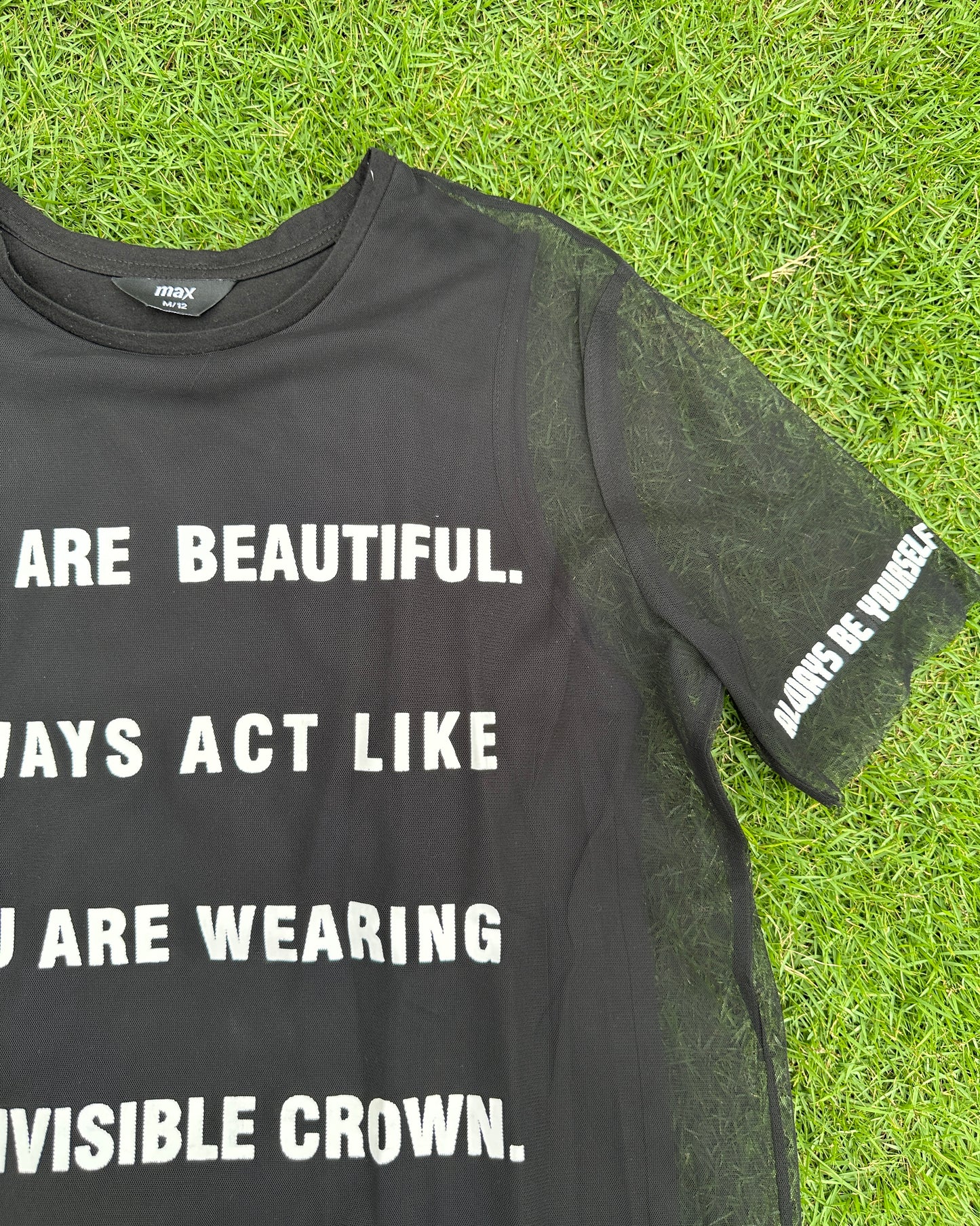 Black sheer mesh top with print