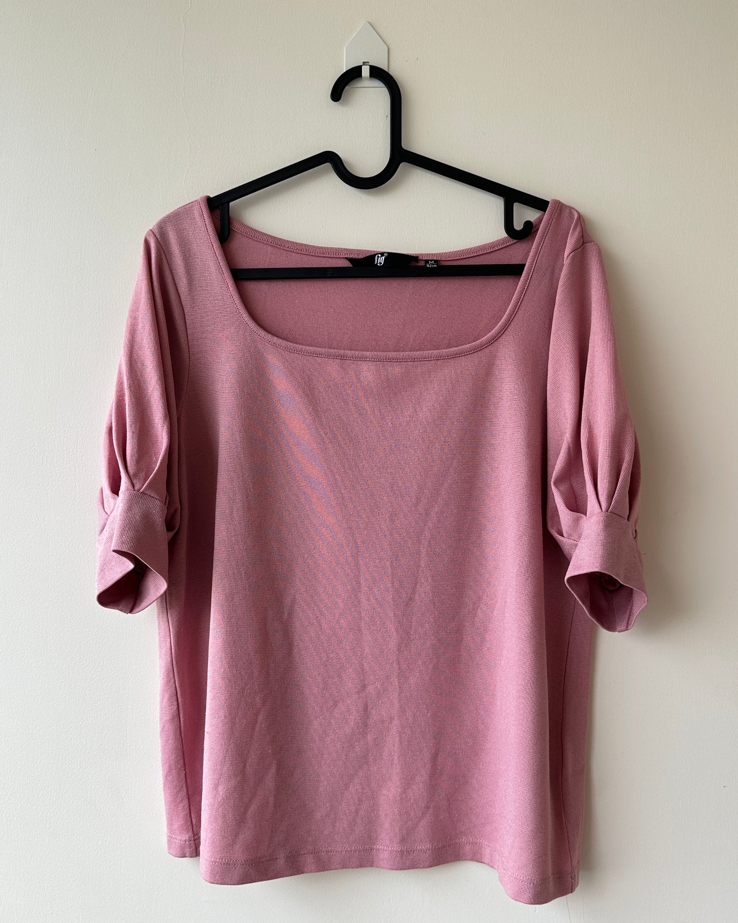 Pink metallic top with puff sleeves