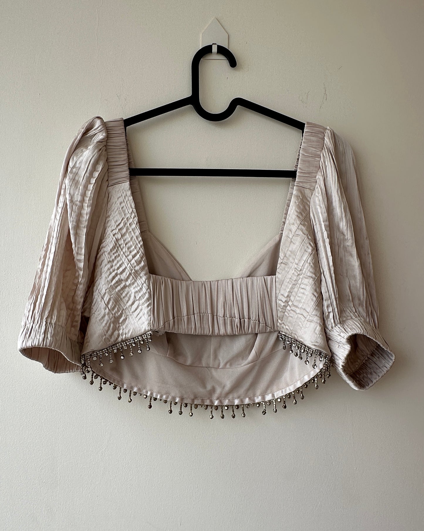 Beige satin crop top with stones