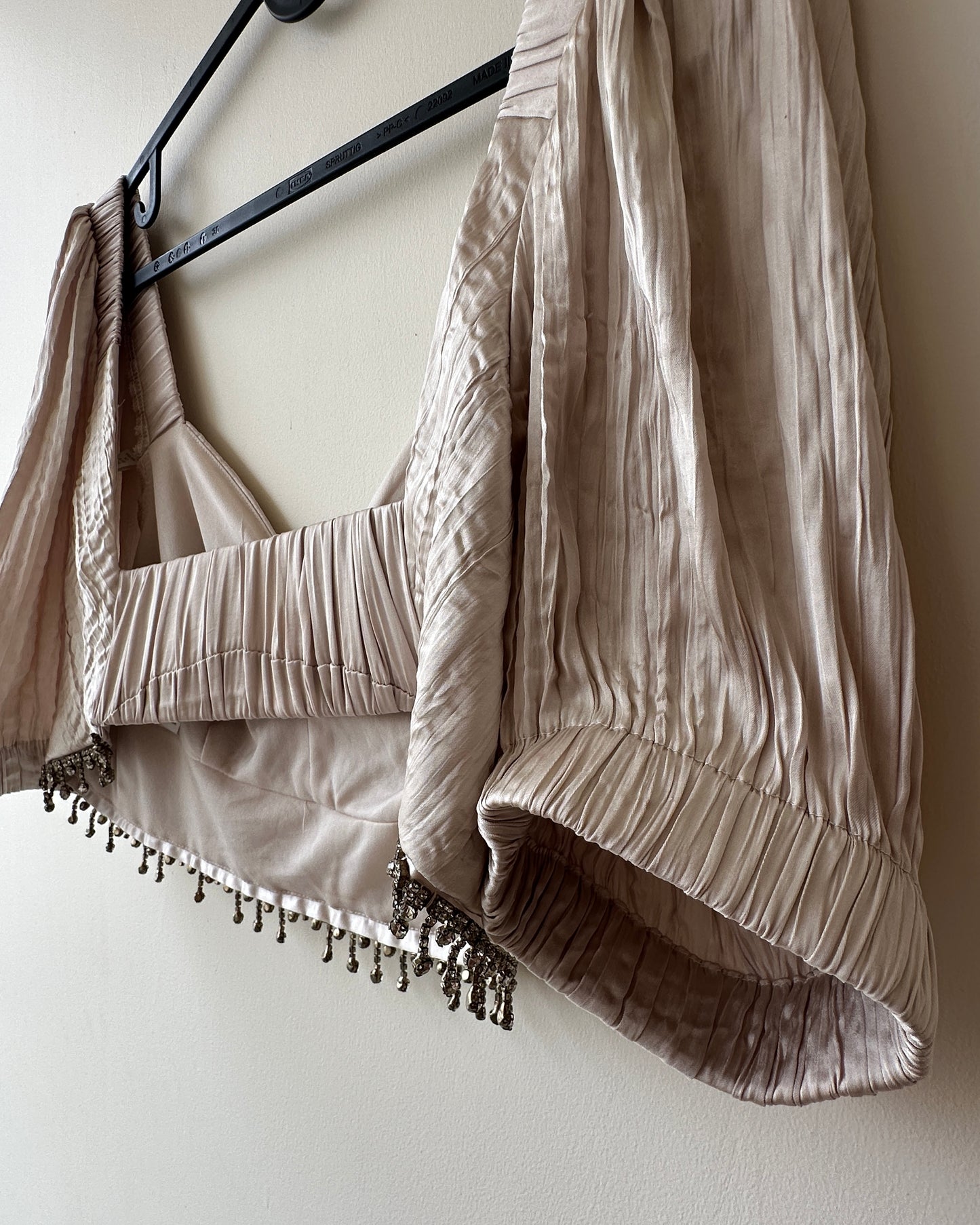 Beige satin crop top with stones
