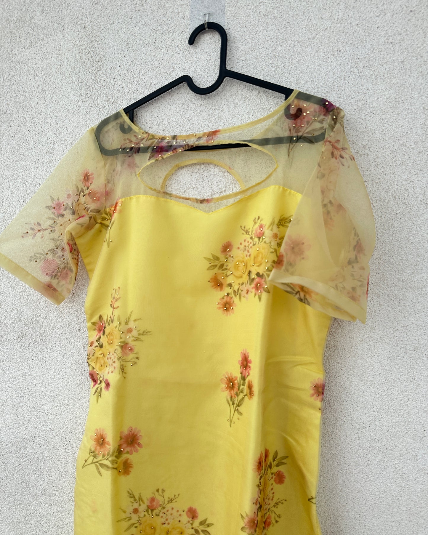 Yellow handpainted organza kurta set