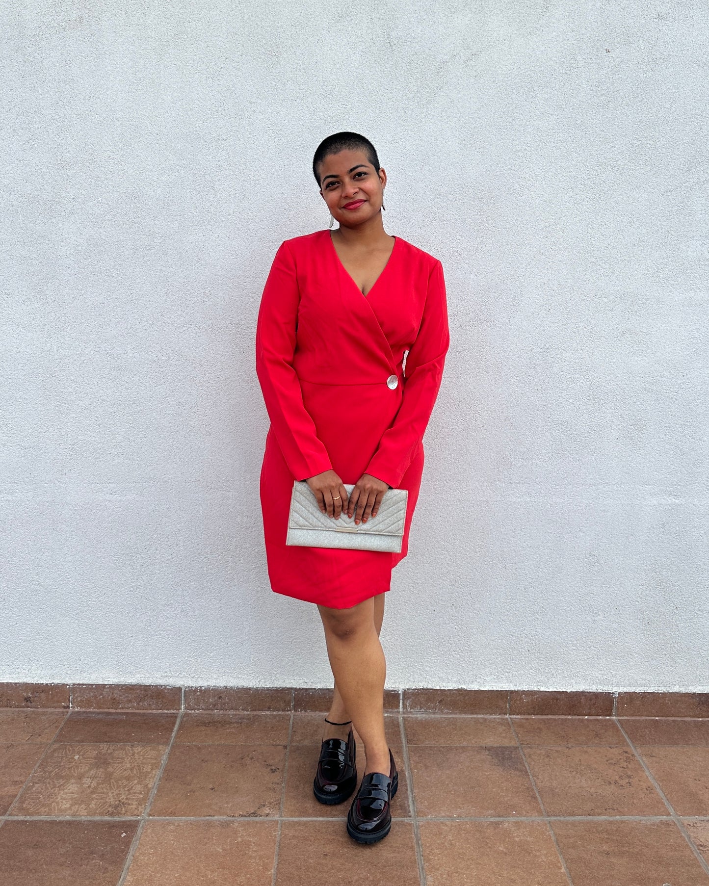 Red blazer dress with pearl button