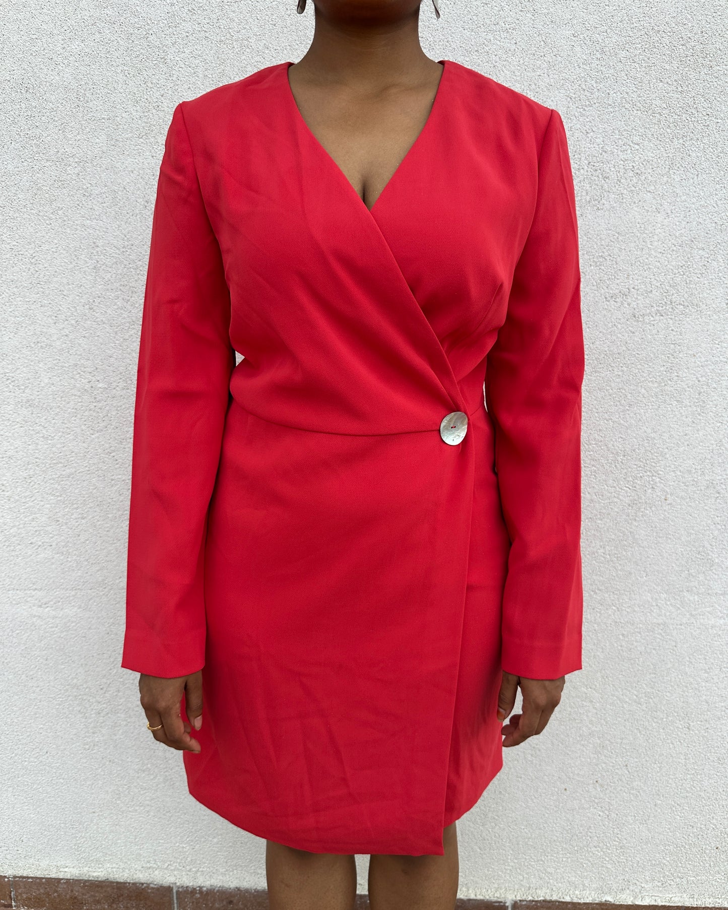 Red blazer dress with pearl button