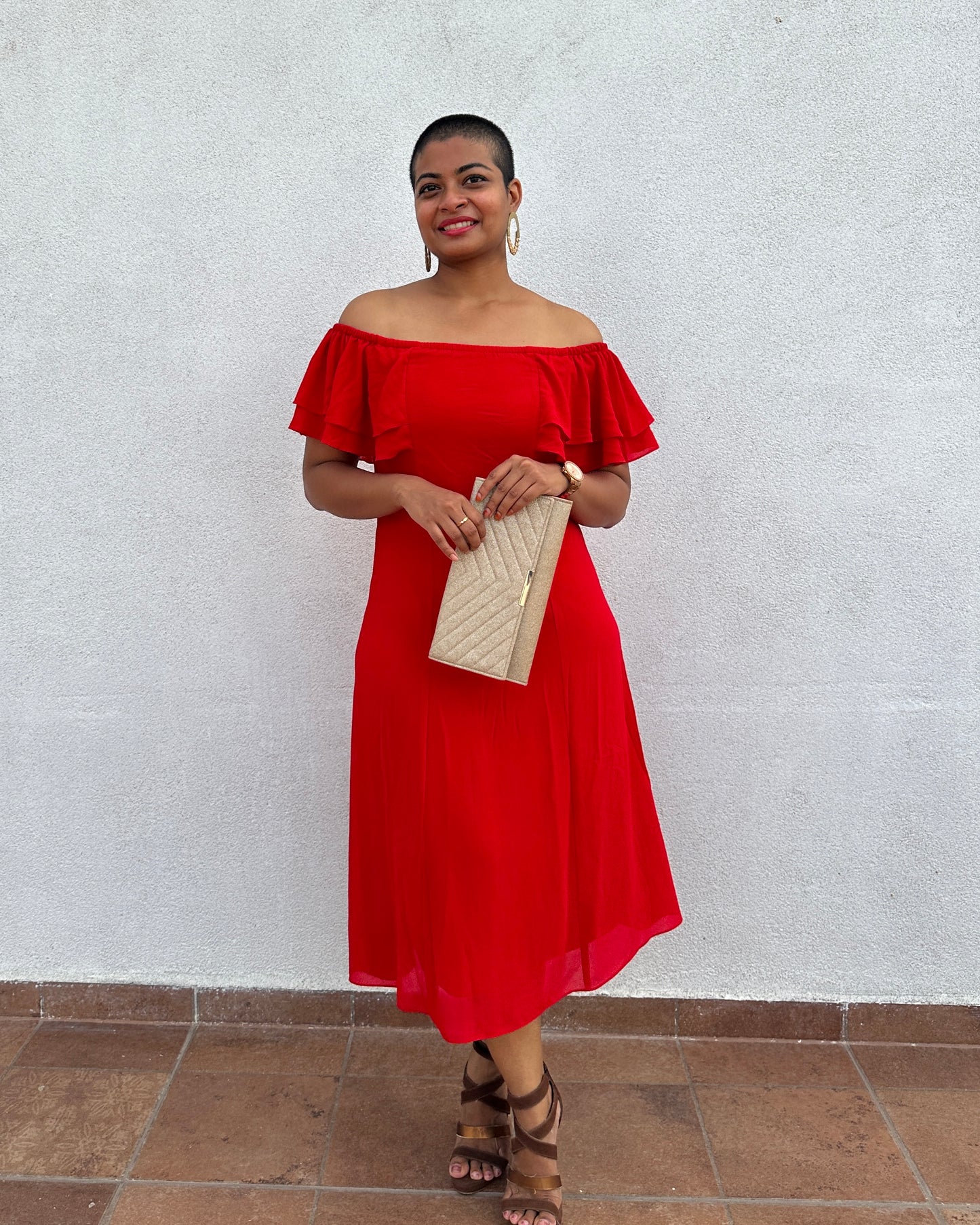 Red dress with off-shoulder frills