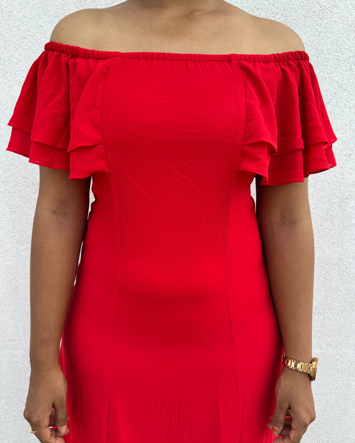 Red dress with off-shoulder frills