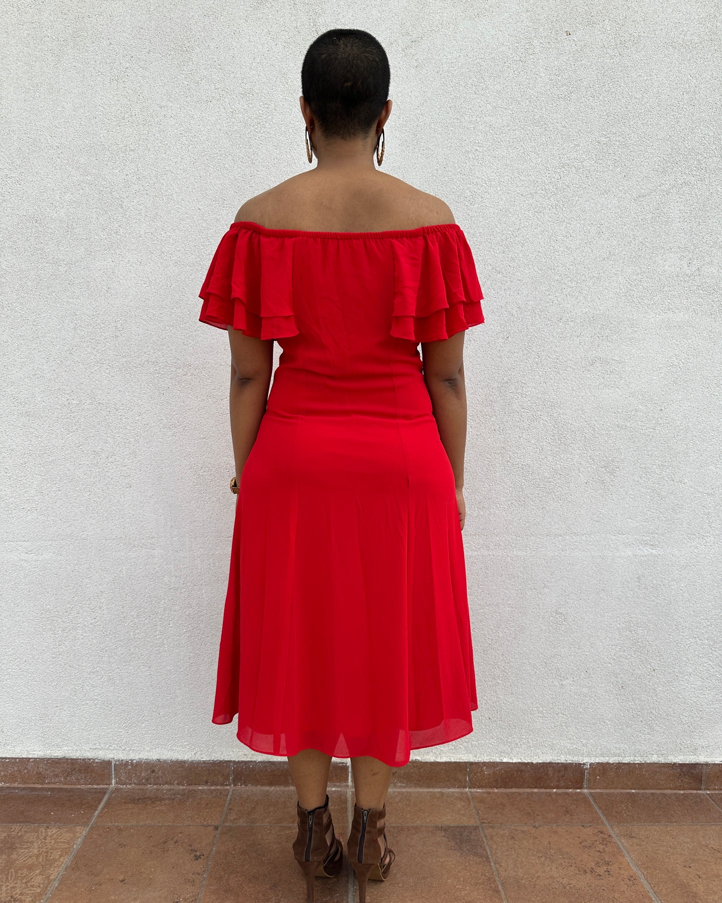 Red dress with off-shoulder frills
