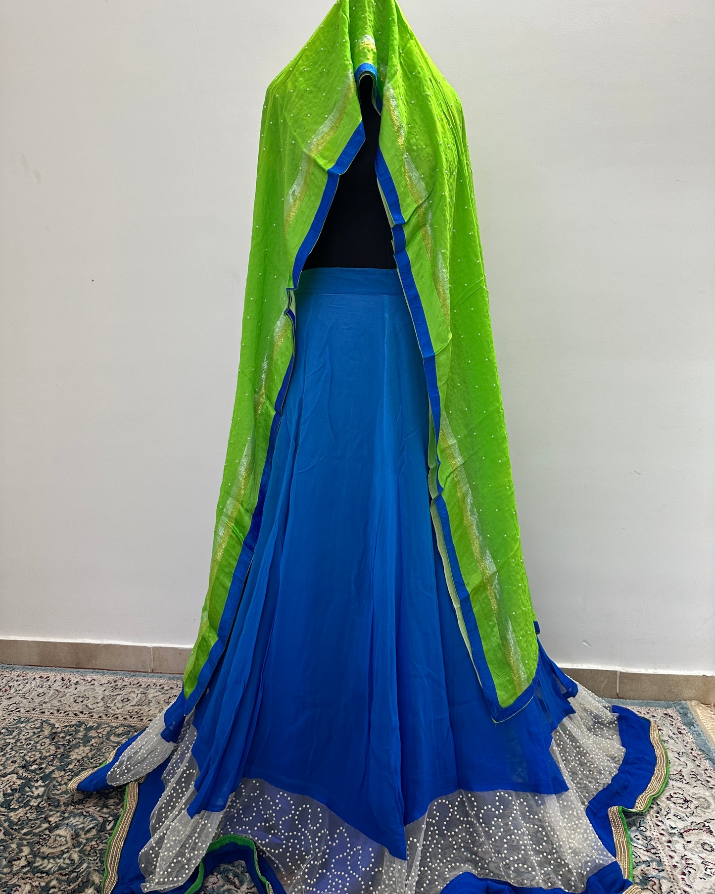 Shaded blue lehenga with green dupatta