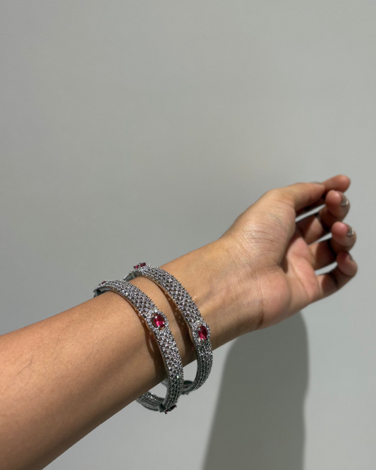 Silver zircon pink stone bangles