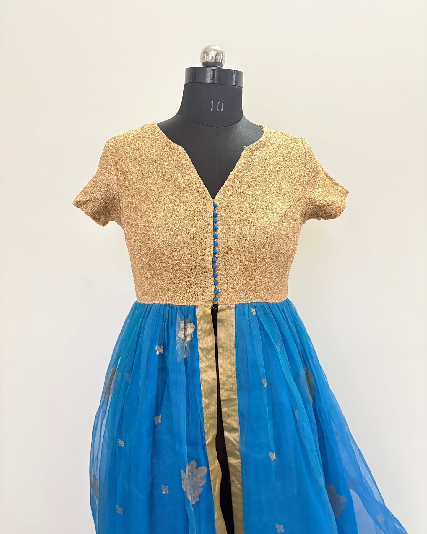 Gold and blue chanderi kurta with front slit