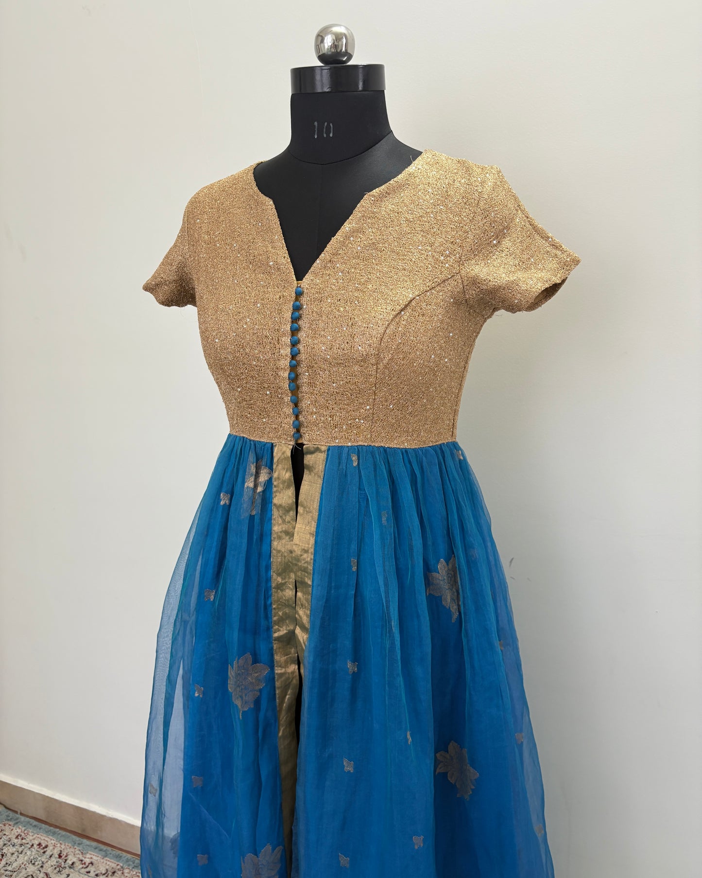 Gold and blue chanderi kurta with front slit