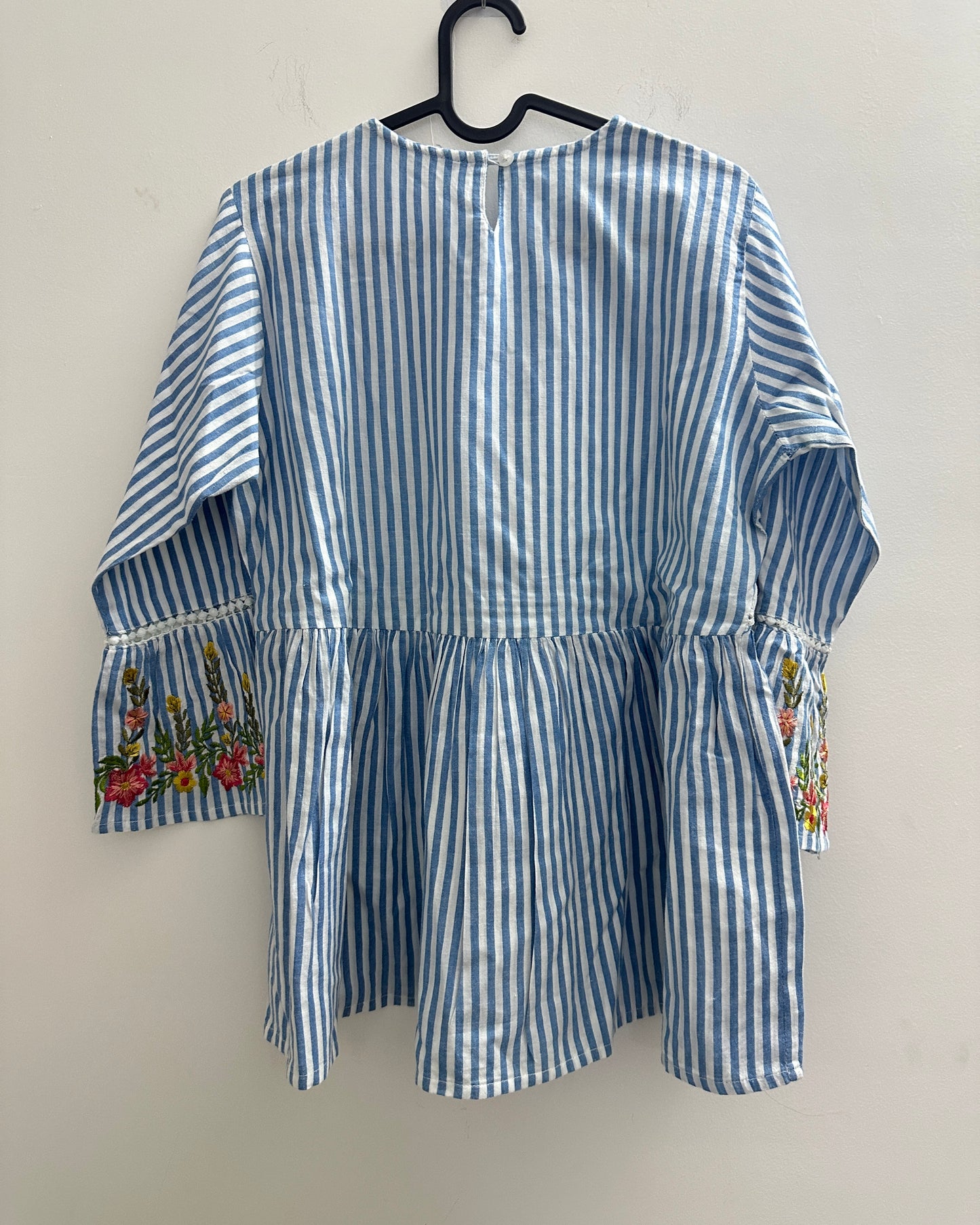 Blue and white strip top with floral embroidery