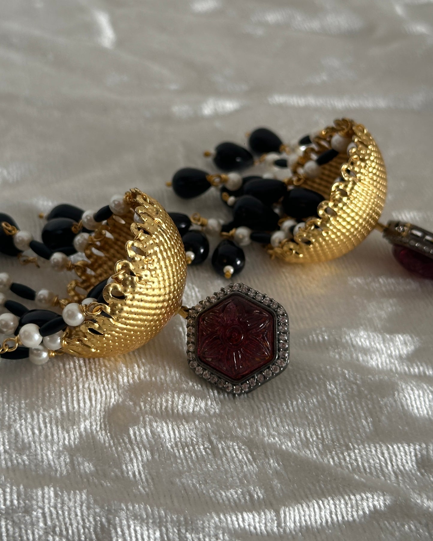 Black, gold and maroon stone dangler earrings