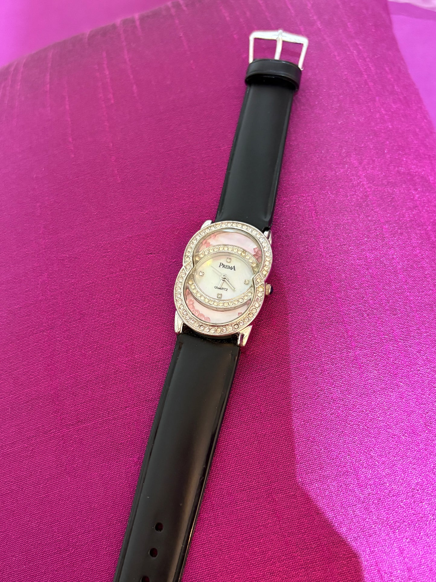 Black leather watch with studded dial
