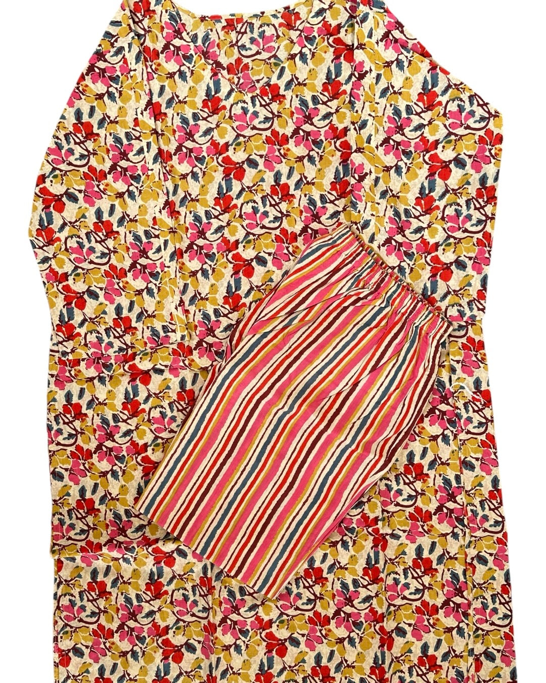 Beige and pink printed cotton kurta set