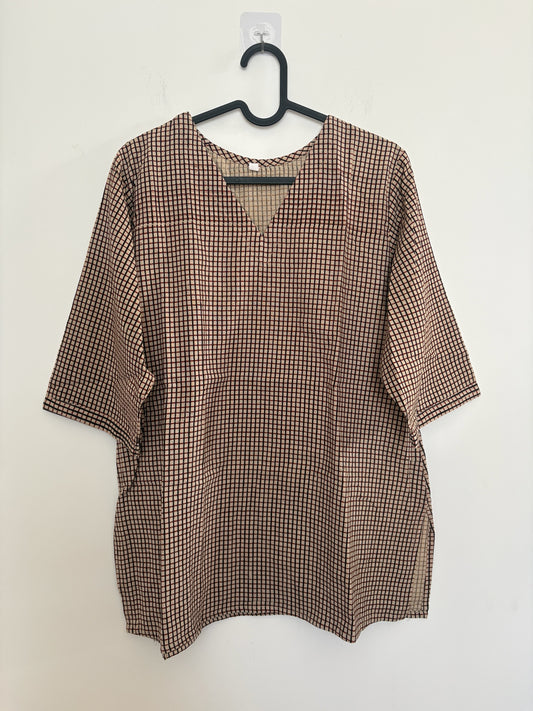 The Circle casual cotton kurta top in a brown and black checkered grid pattern with a V-neck and half-sleeves.