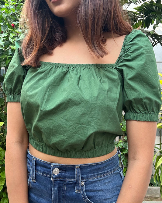 Dark green off-shoulder crop top with elastic