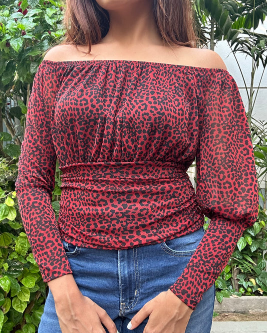 Red and black animal print fitted top