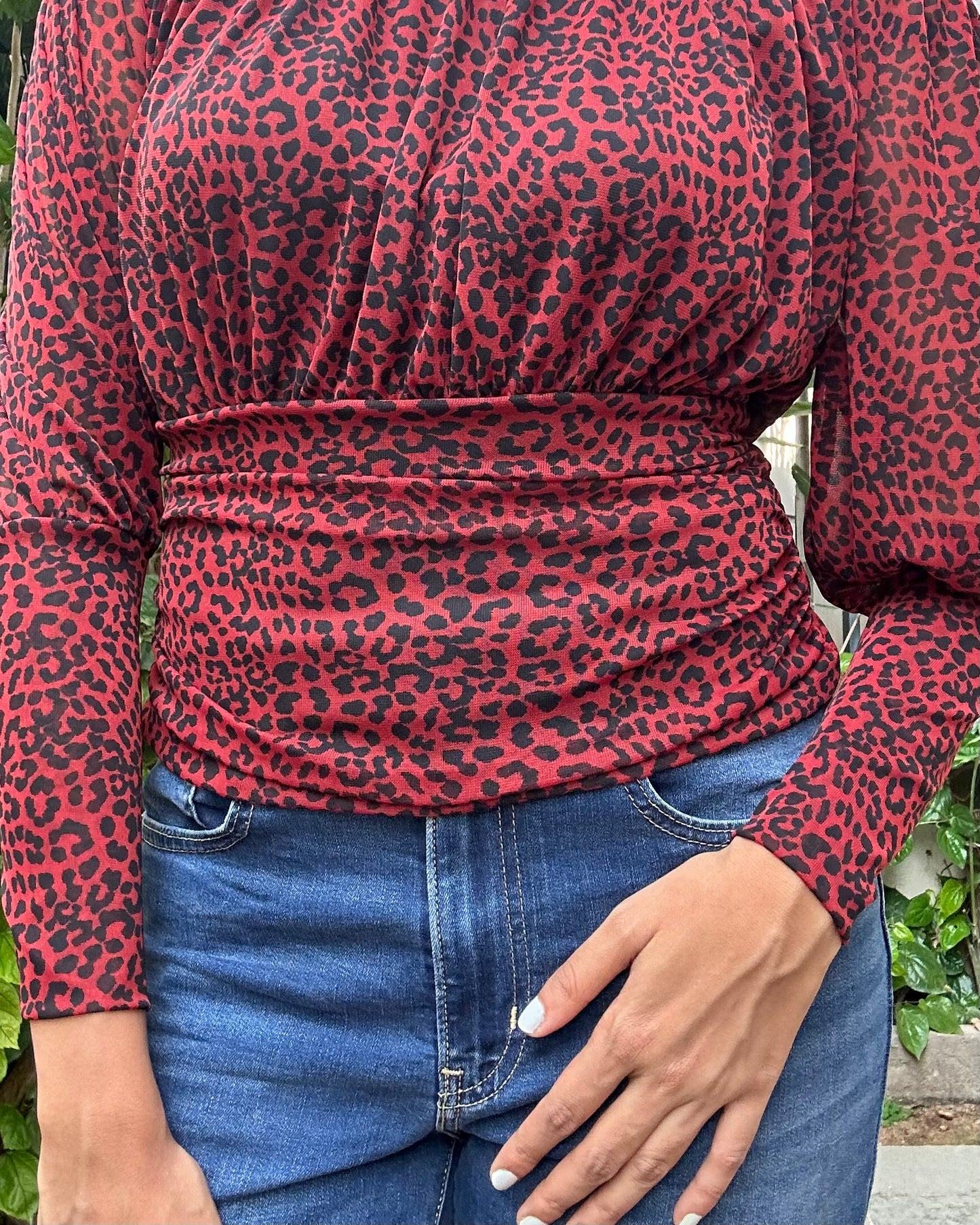 Red and black animal print fitted top