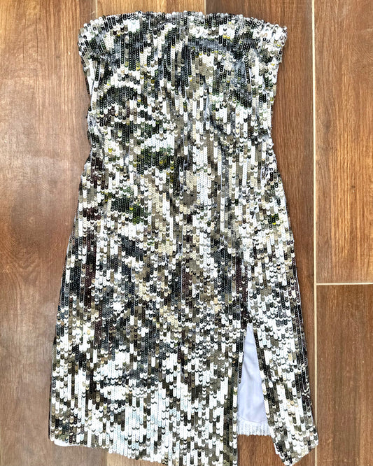 Silver sequins strapless midi dress