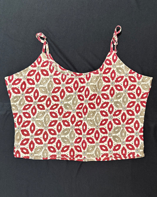 Beige and red handblock print cotton crop top