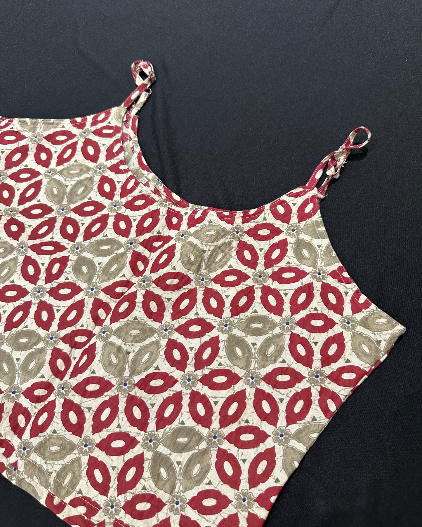 Beige and red handblock print cotton crop top