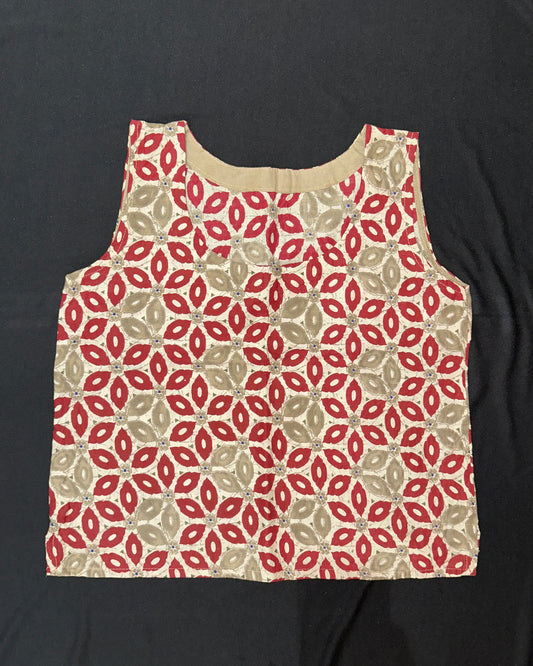 Beige and red handblock print cotton top