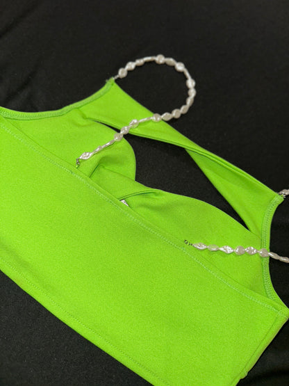 Green crop top with pearl straps