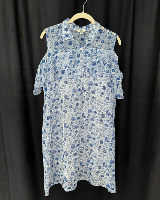 White and blue off shoulder midi dress