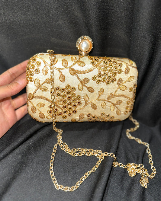 Handcrafted gold and beige embroidery clutch