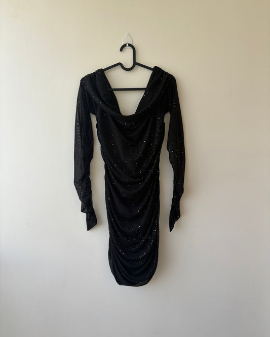 Black offsholder ruched dress with shimmer