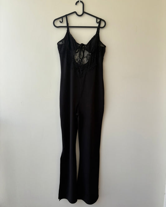 Black jumpsuit with lace bodice and back tie-up
