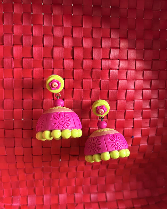 Pink and green terracotta jhumkas