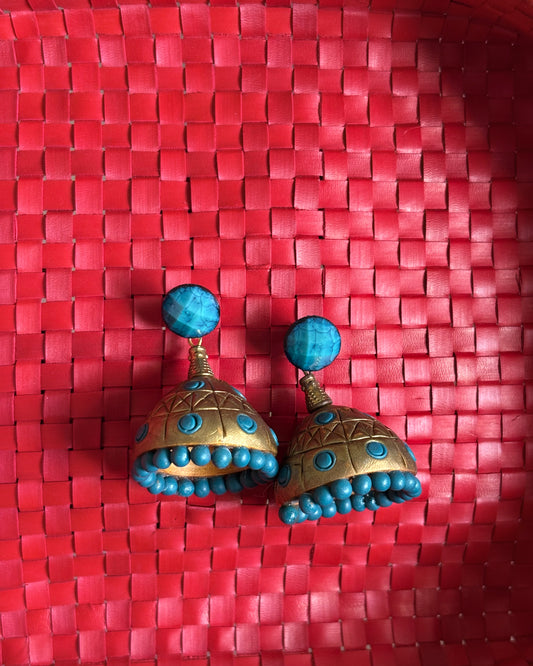 Blue and gold terracotta jhumkas