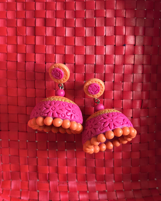 Pink and gold terracotta jhumkas