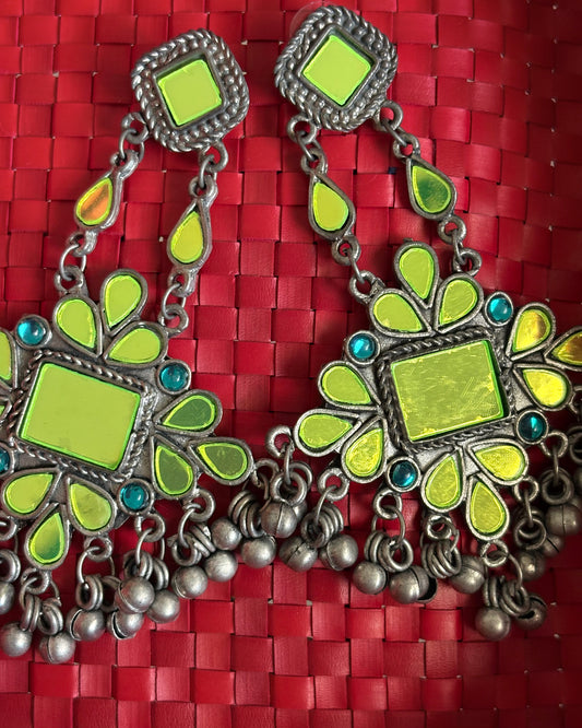 Oxidised dangler earrings with green mirror work