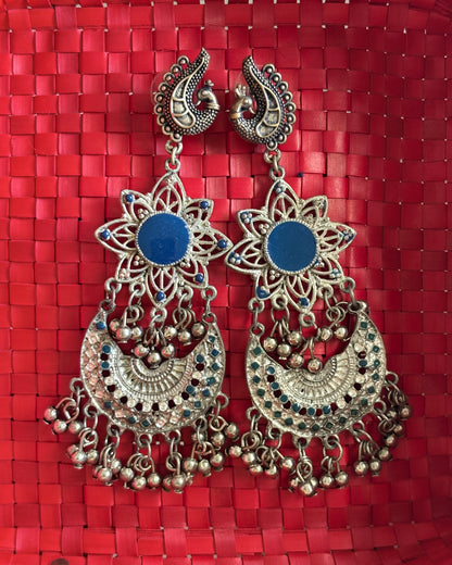 Blue and silver oxidised chandbali earrings